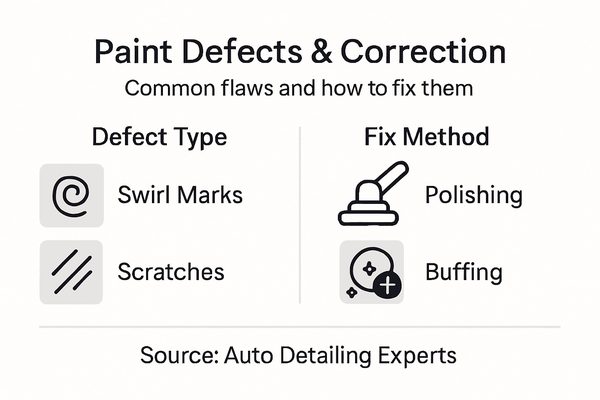 Infographic listing common paint defects and their correction methods
