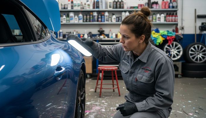 Technician inspecting car paint under an inspection lamp before correction